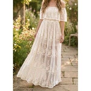 AAKAA White Lace Maxi Dress Medium Off Shoulder Embroidered Boho Feminine Lined